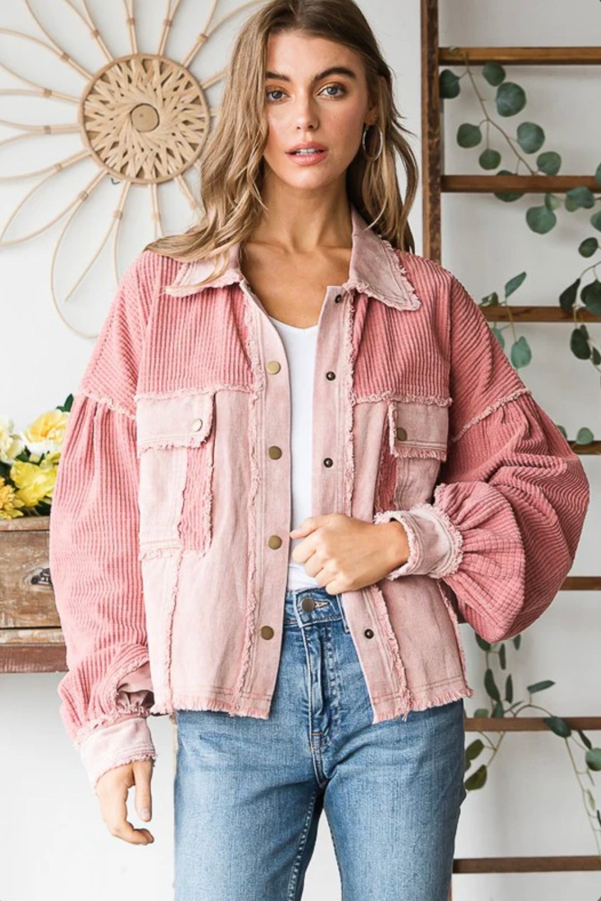 JJ0054 Washed Fabric Mixed Crop Jacket-Blush