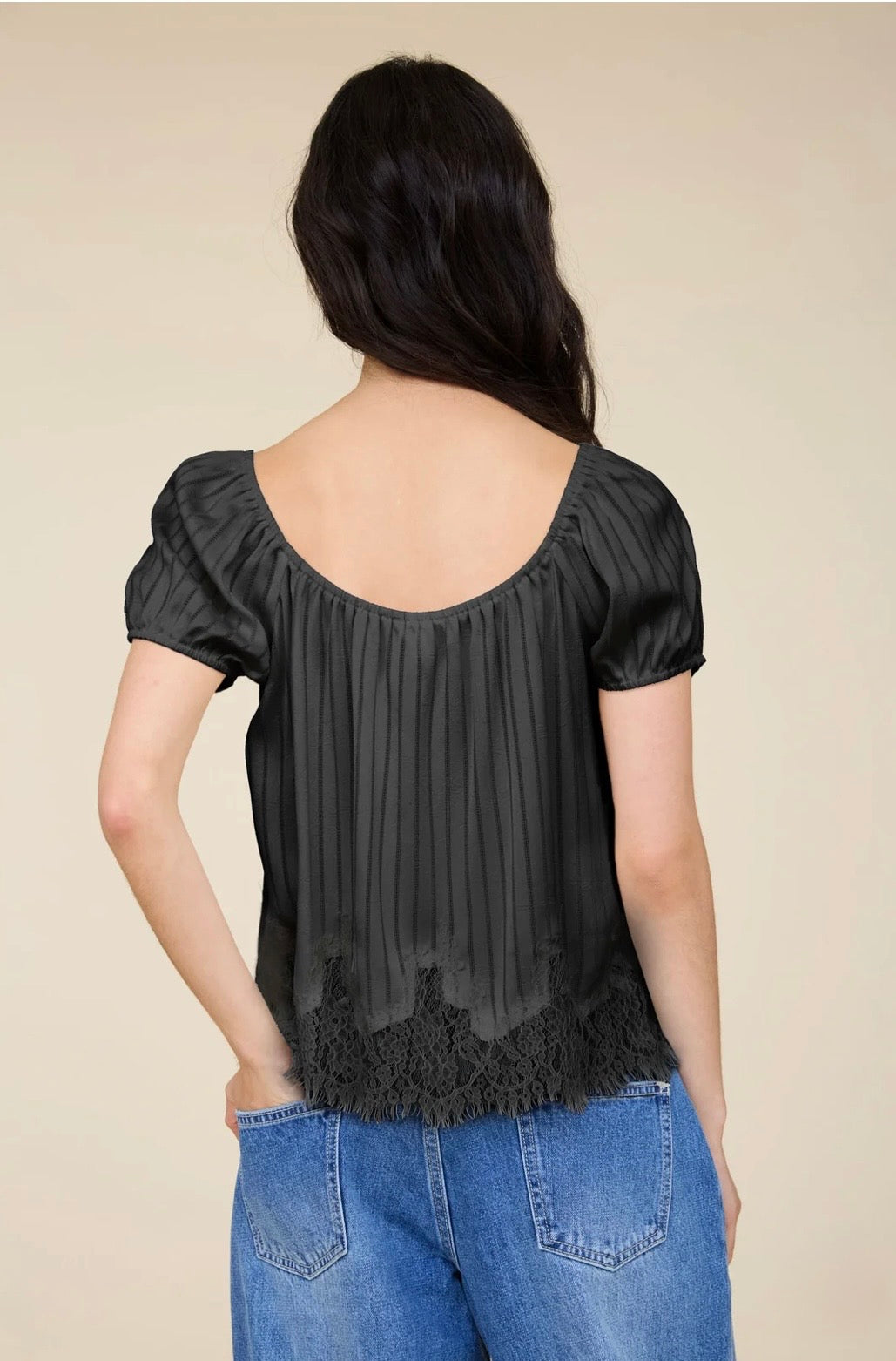 TB9345 PINSTRIPE FRONT TIE LACE HEM SHORT PUFF SLEEVE TOP