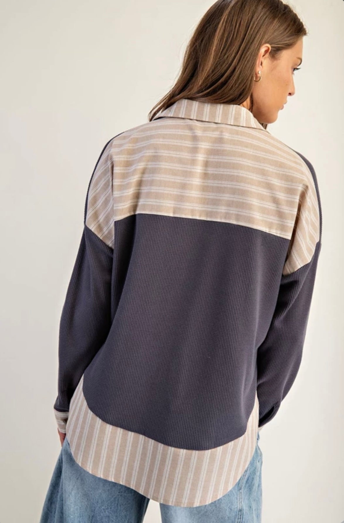 TK14113 Striped Contrast Trim Waffle Knit Collared Top