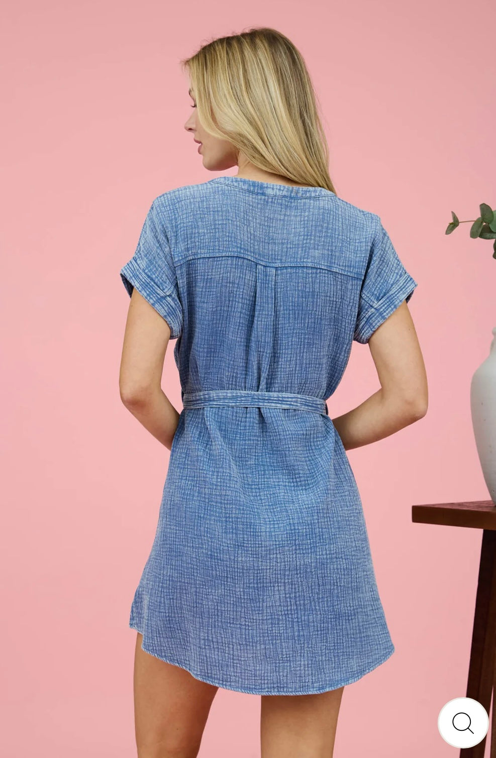 CR2400 WASHED HALF BUTTON WAIST TIE MINI DRESS