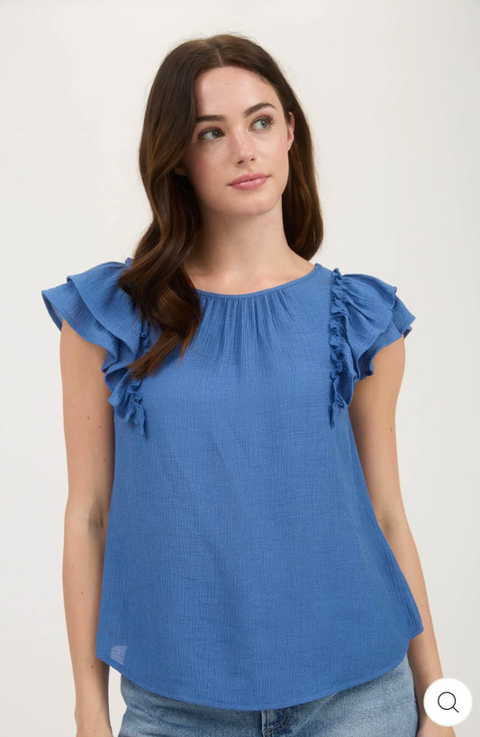 TB8904 RUFFLE DETAIL BACK BOW DETAIL SHORT SLEEVE TOP - MEDIUM BLUE