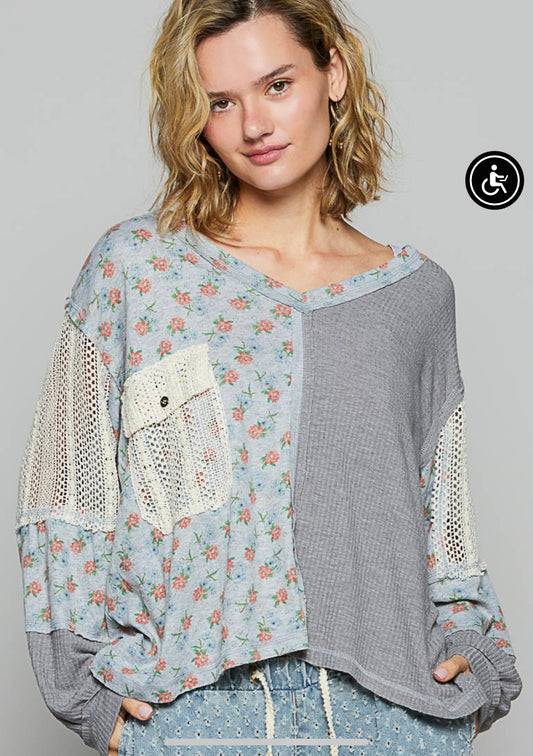 SMT2767 Designed in V-neck long sleeve roomy fit top in ribbed jersey with contrast fabric paneling