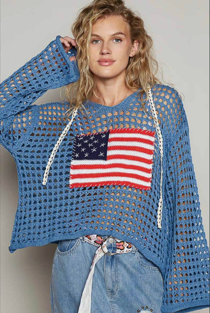 UST319 American Flag Crocheted Sweater Hoodie