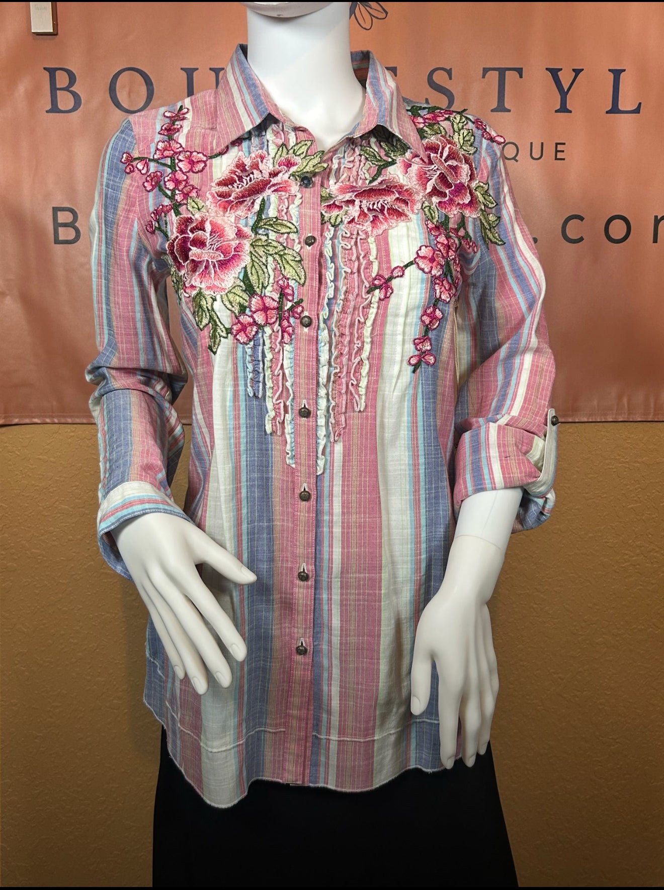 ARATTA Striped Button Down Shirt with Floral Embroidery
