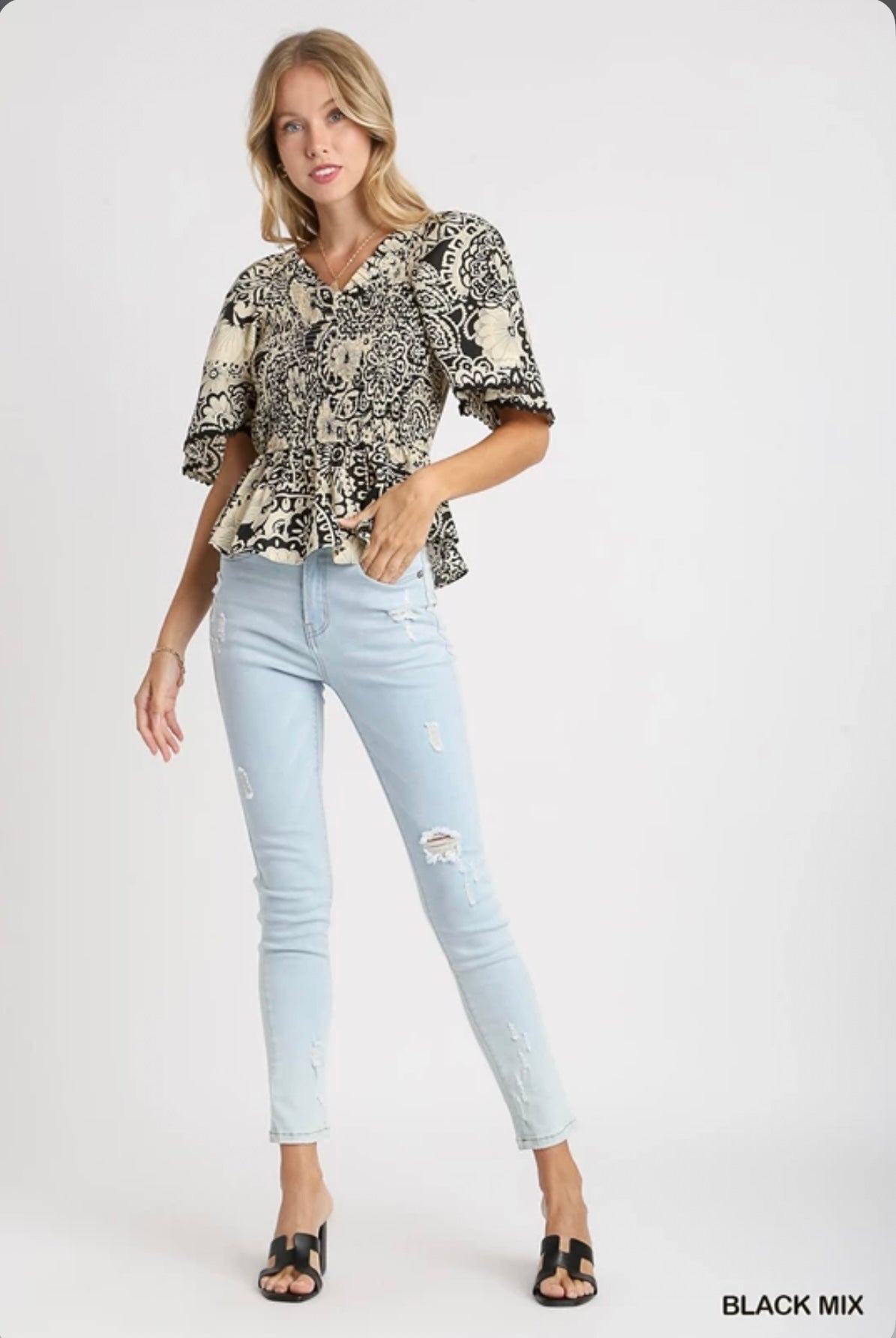R0683 Two Tone Paisley Print Top- Black Mix