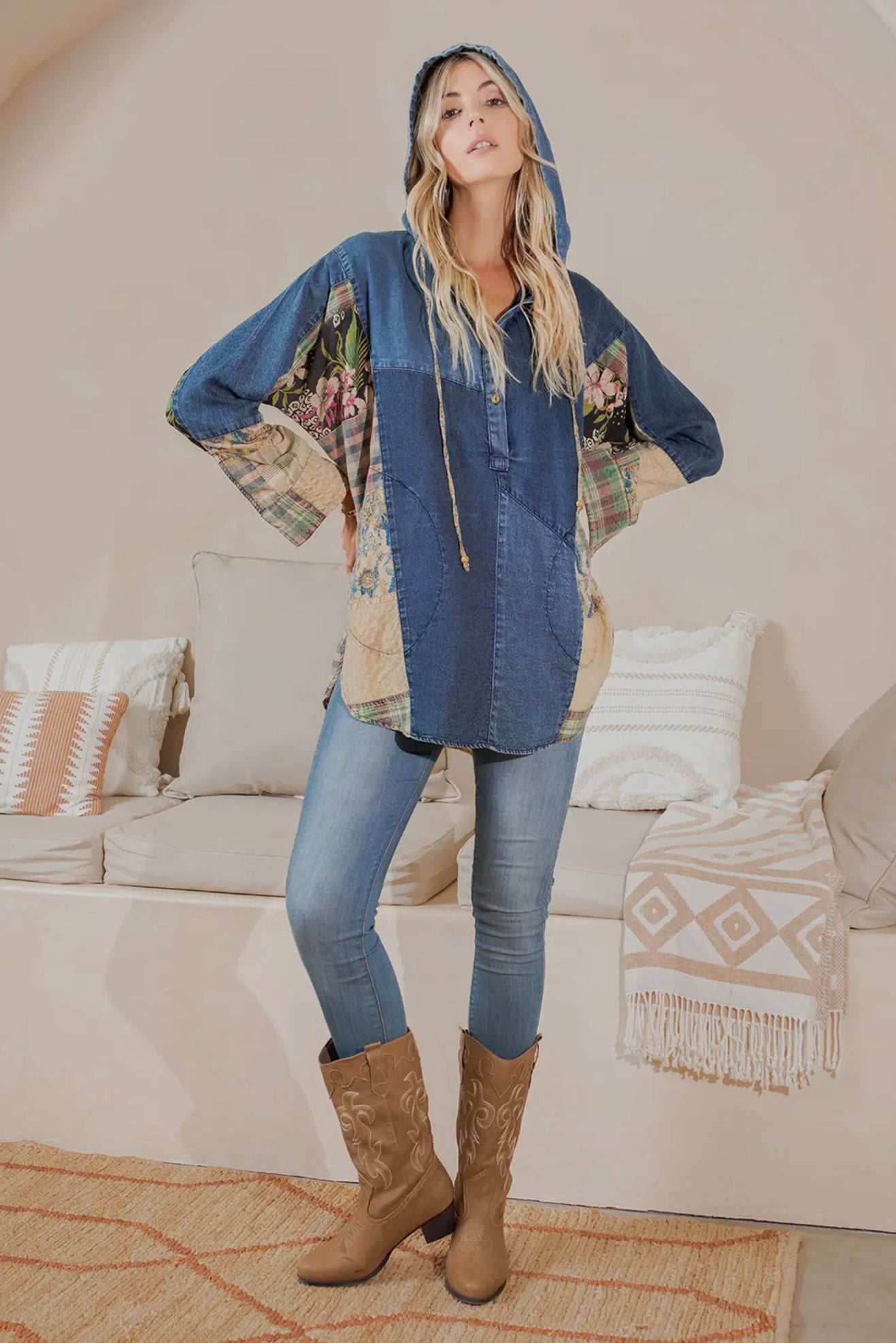 Western Boho Chic: Hooded High Low Patchwork Top