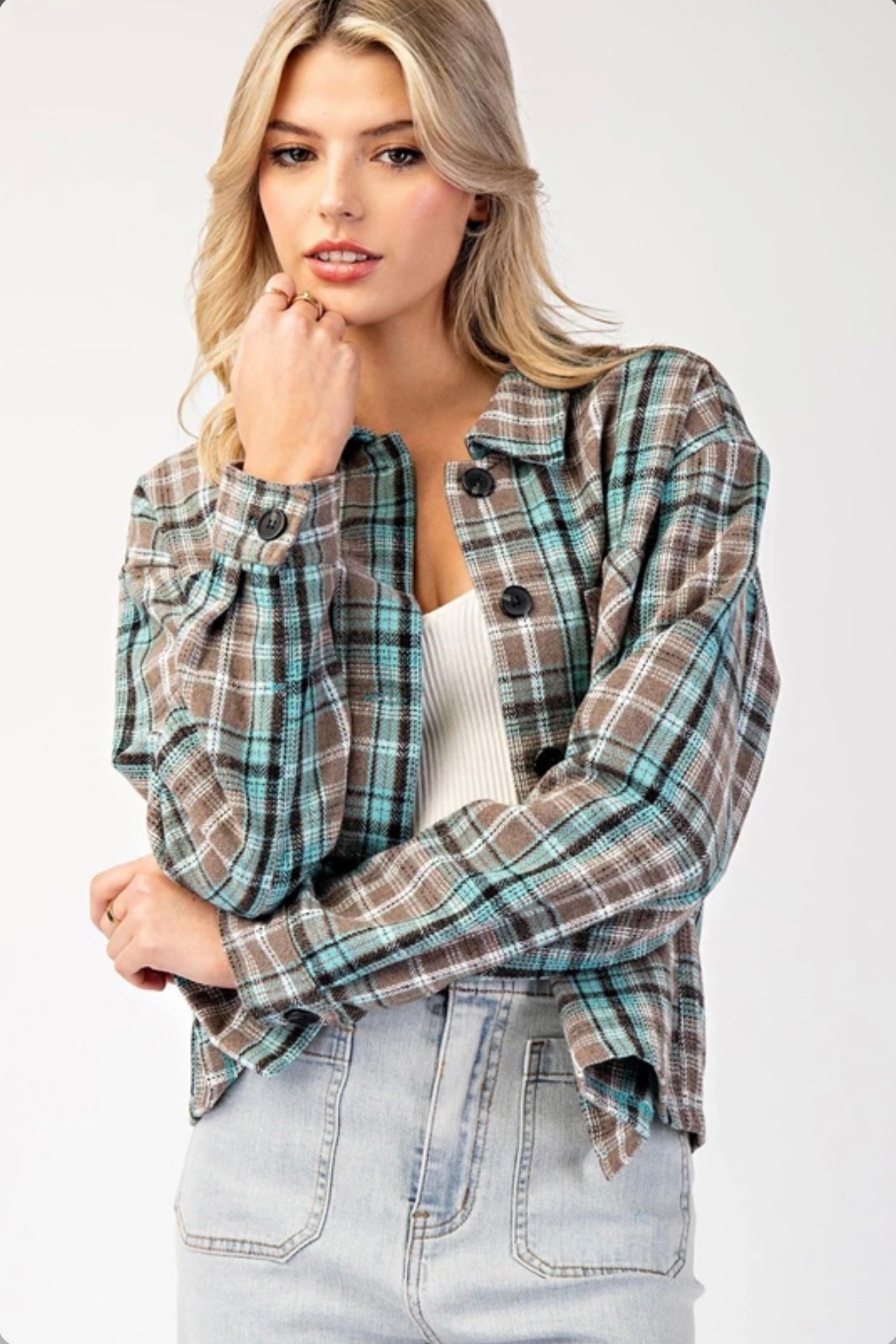 JK9095 MULTI-COLOR PLAID BUTTON DOWN SHACKET