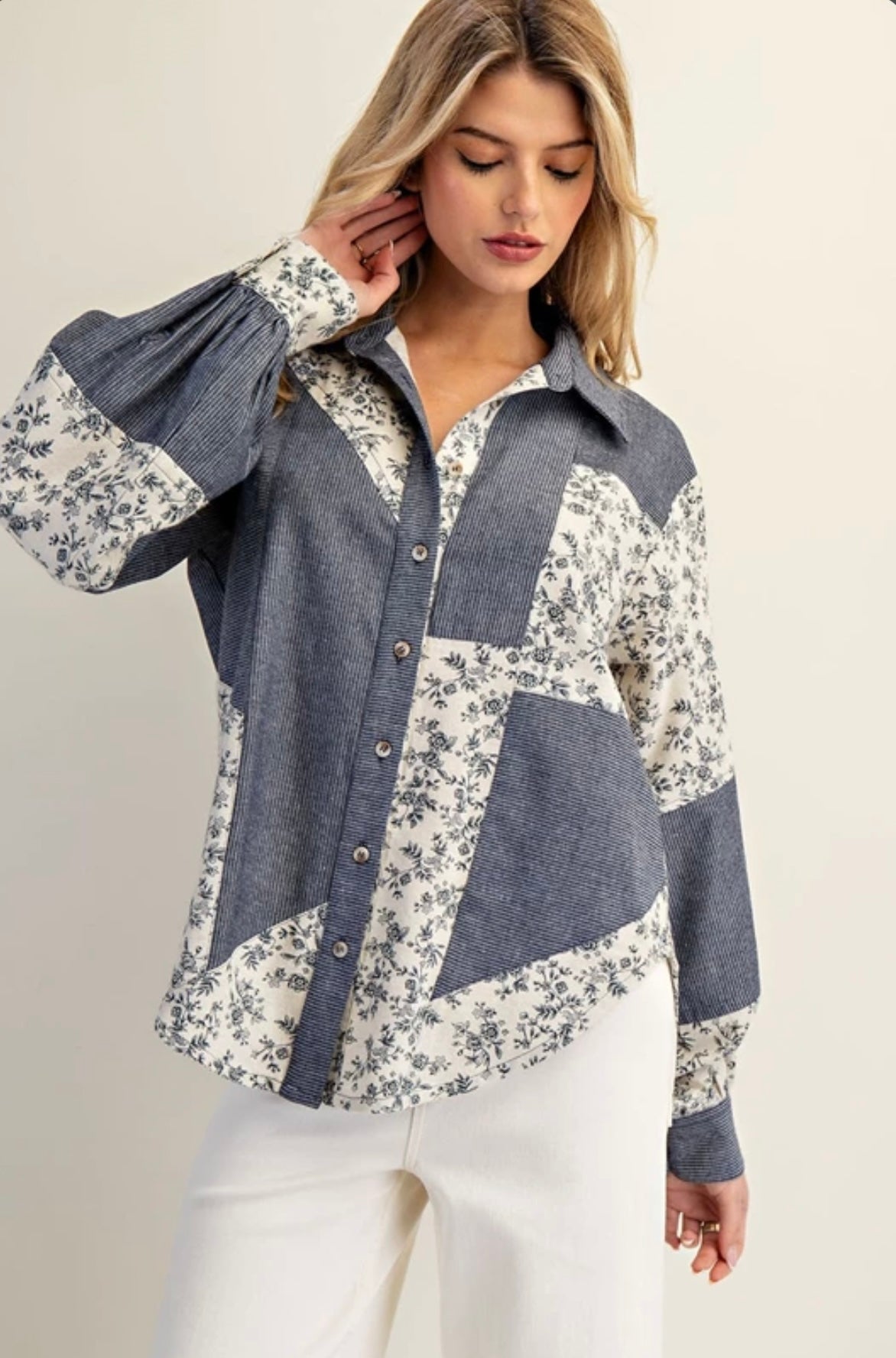 TY13137 Color Block Button Down Denim Shirt
