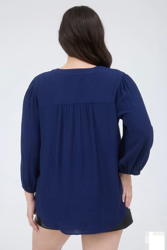 PTB8961 PLUS FRONT TIE PLEATED FRONT 3/4 SLEEVE TOP