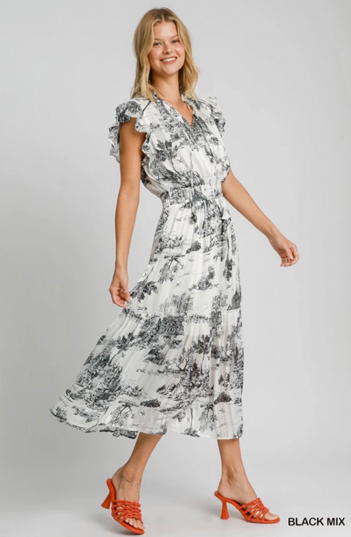 K9274 Two Tone Landscape Print Midi Dress