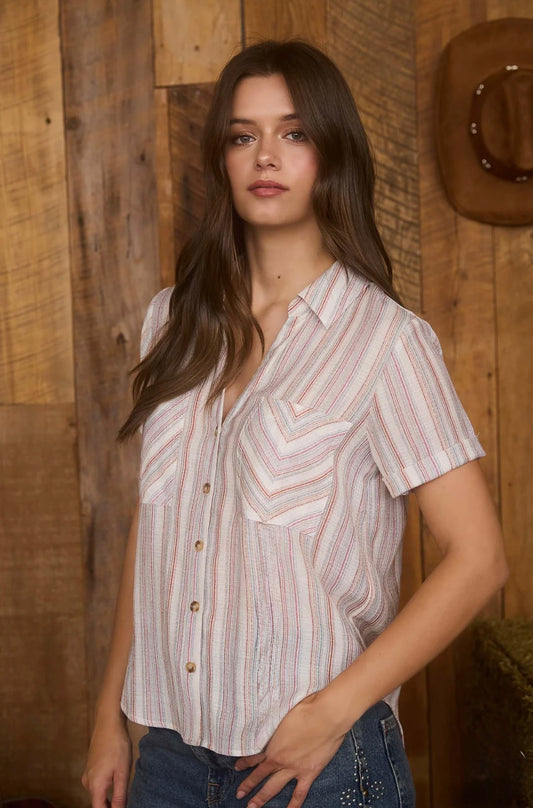 CR2637 MULTICOLOR STRIPE SHORT SLEEVE BUTTON DOWN TOP