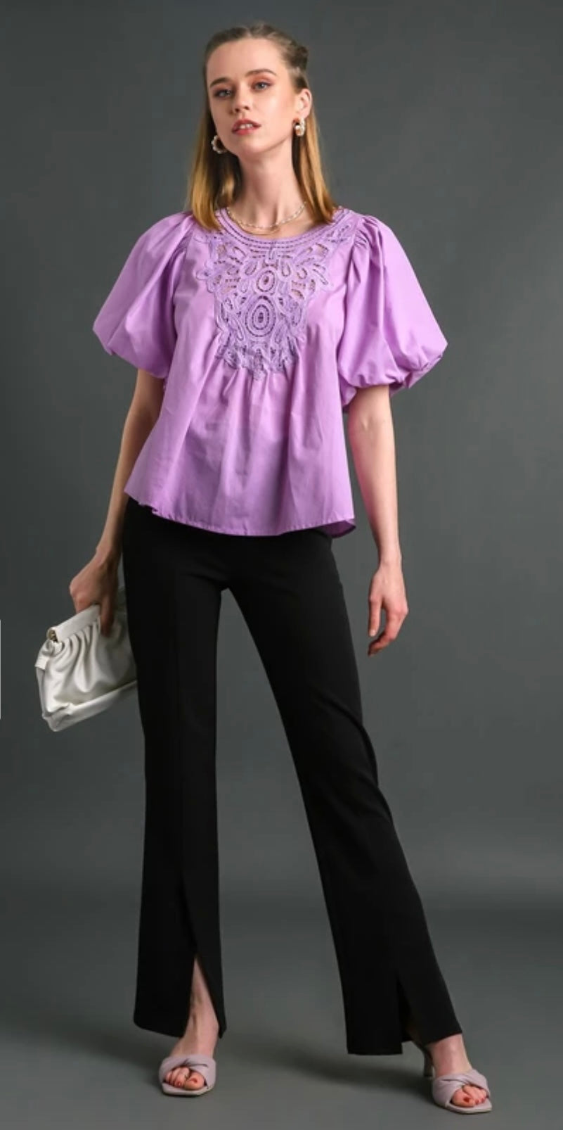 R0298 Crochet Lace Top 3/4 Puff Sleeve & Back Keyhole Button
