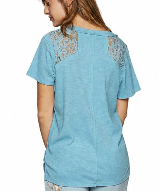 YKT1104 Short Sleeve Ribbed V-neck with Lace Inserts.