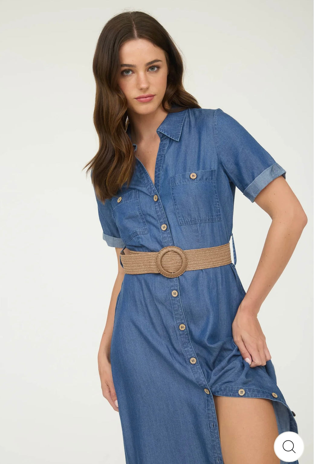 TB9023 CHAMBRAY COLLARED SHORT SLEEVE BELTED SHIRT DRESS