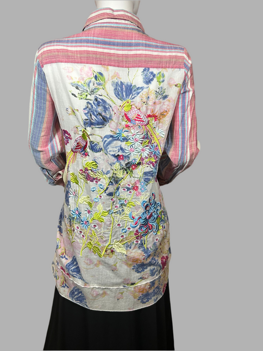 ARATTA Striped Button Down Shirt with Floral Embroidery