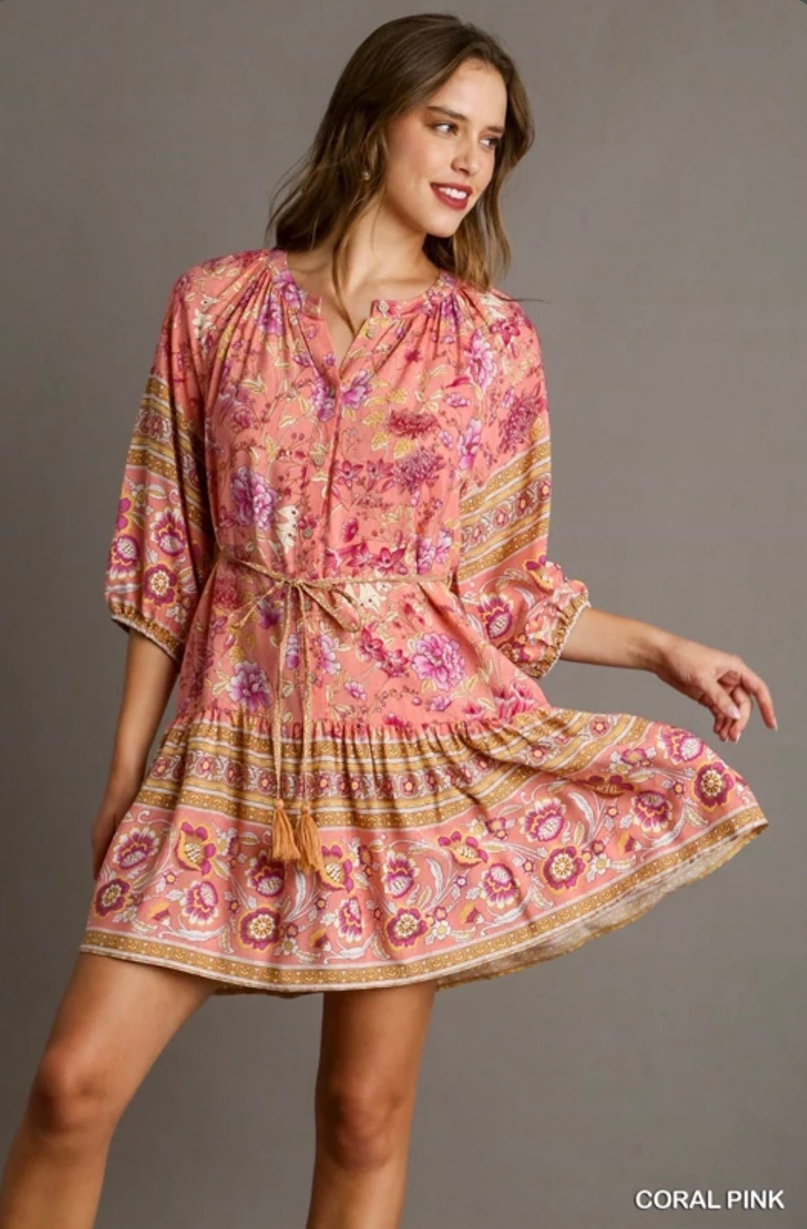 C3703 Border Print Mid Button Down Dress with 3/4 Sleeves, Belt Wait Tassel Tie