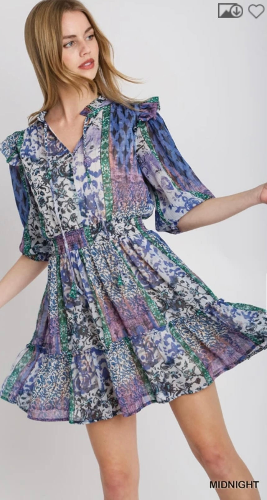 R0832 Mixed Print Ruffle Neckline with Front Tie Dress with Elastic Smocked Waistband