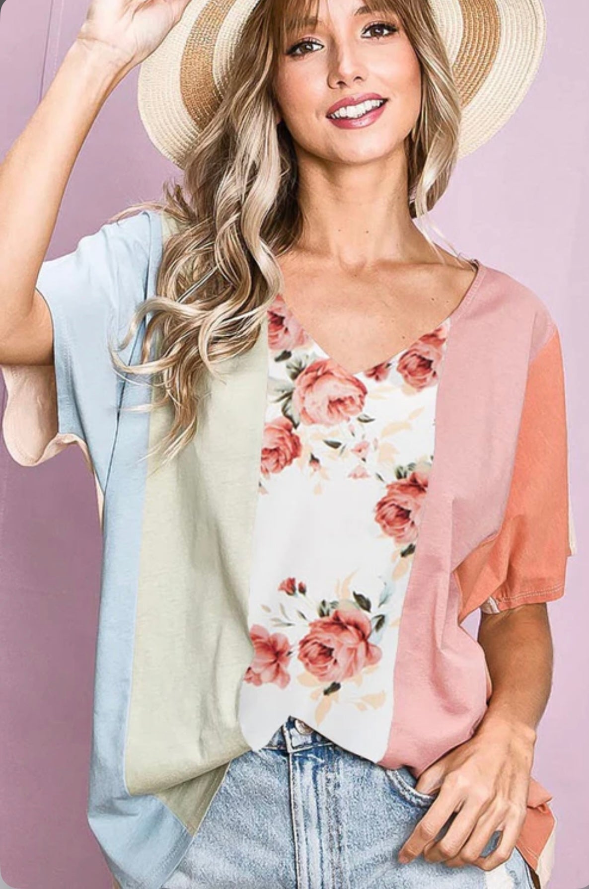 BT2359 COTTON SPAN KNIT COLOR BLOCK TOP