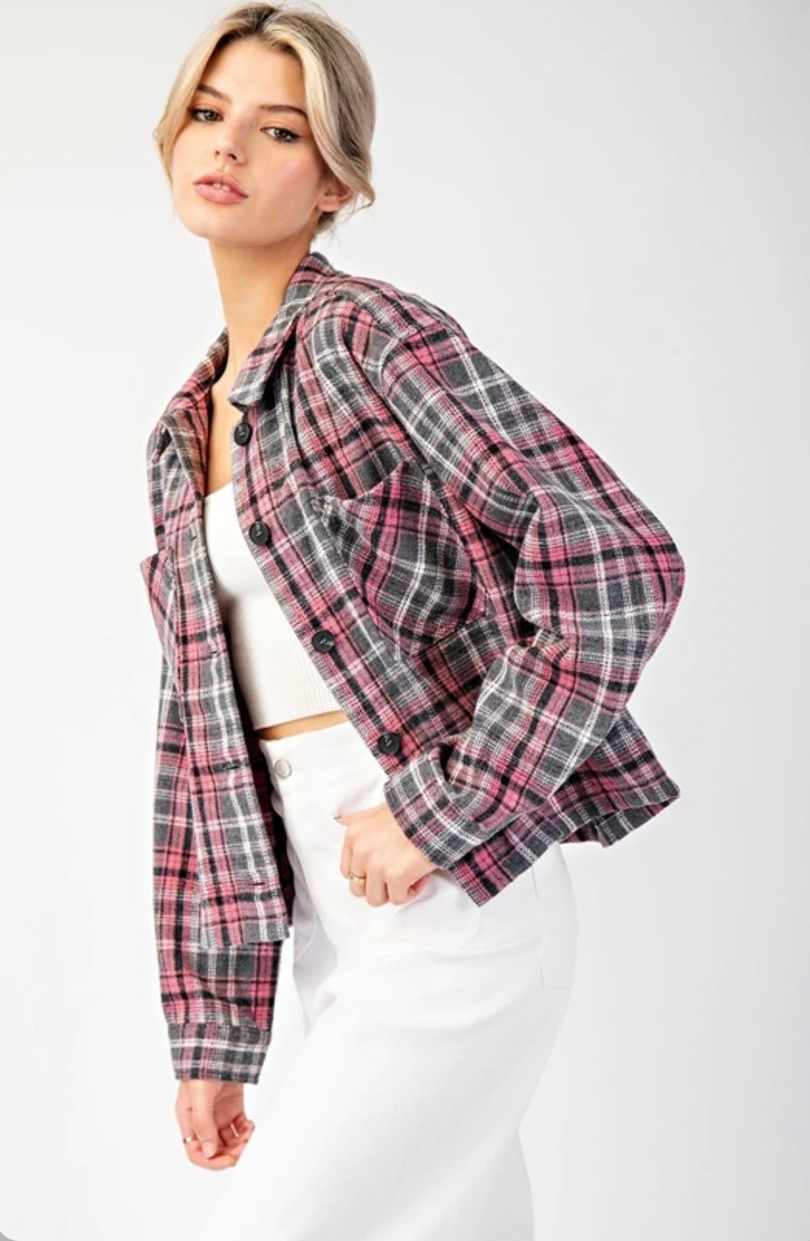 JK9095 MULTI-COLOR PLAID BUTTON DOWN SHACKET