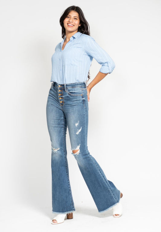 82638REG JUDY BLUE Indie Mid Rise Flare Jeans-Button Fly