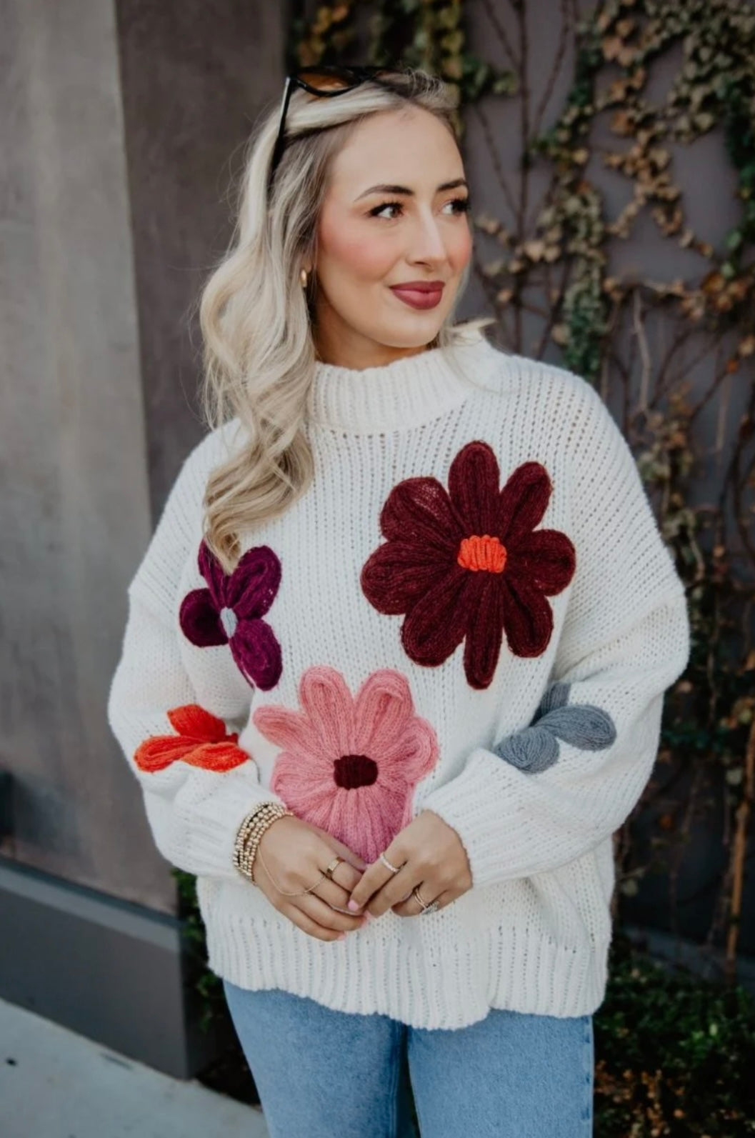 KDC-SWTR-03 TAN KNIT FLORAL STITCHED SWEATER