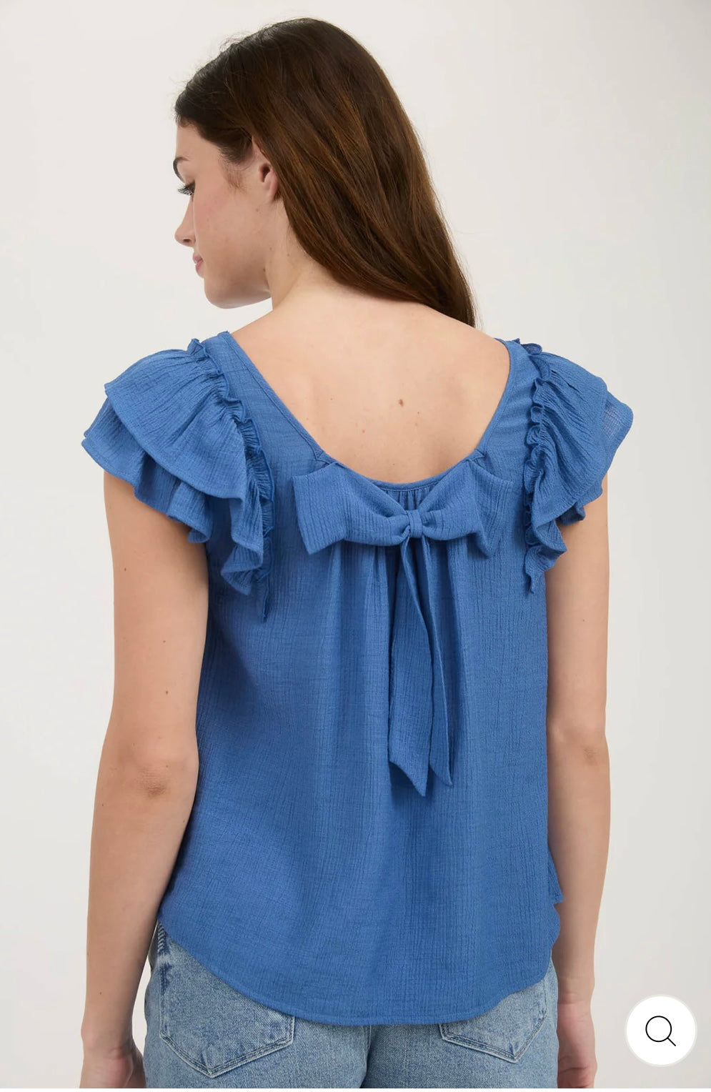 TB8904 RUFFLE DETAIL BACK BOW DETAIL SHORT SLEEVE TOP - MEDIUM BLUE