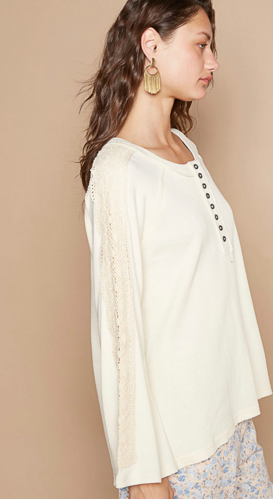 YKT1220 Scoop neck, straight sleeve, raglan fit top in thermal and rib mix with trim detail-PINK