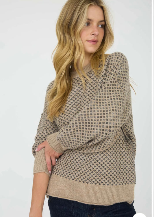 CR2714 MINI JACQUARD CREW NECK LONG SLEEVE KNIT SWEATER