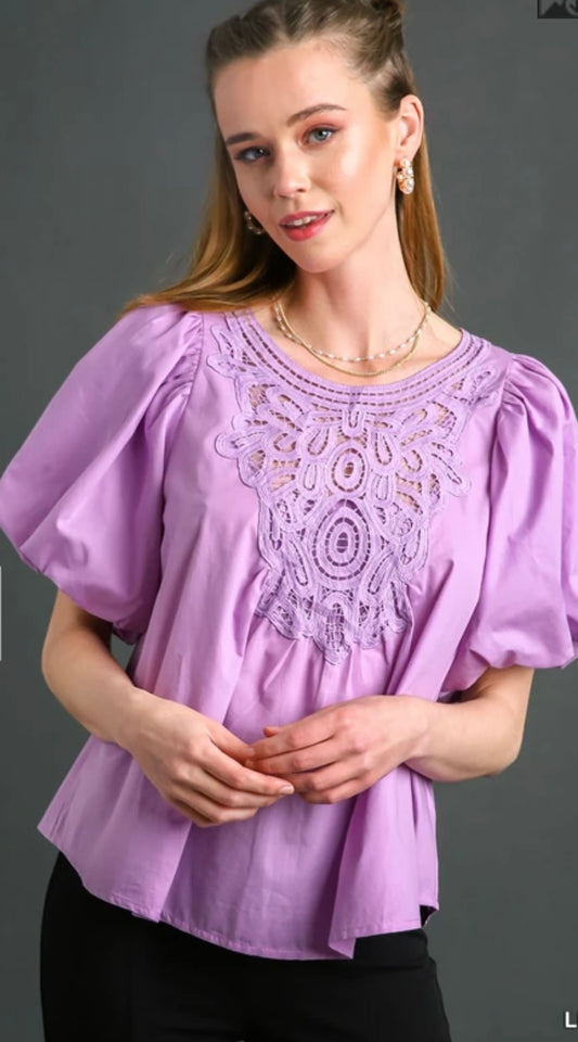 R0298 Crochet Lace Top 3/4 Puff Sleeve & Back Keyhole Button