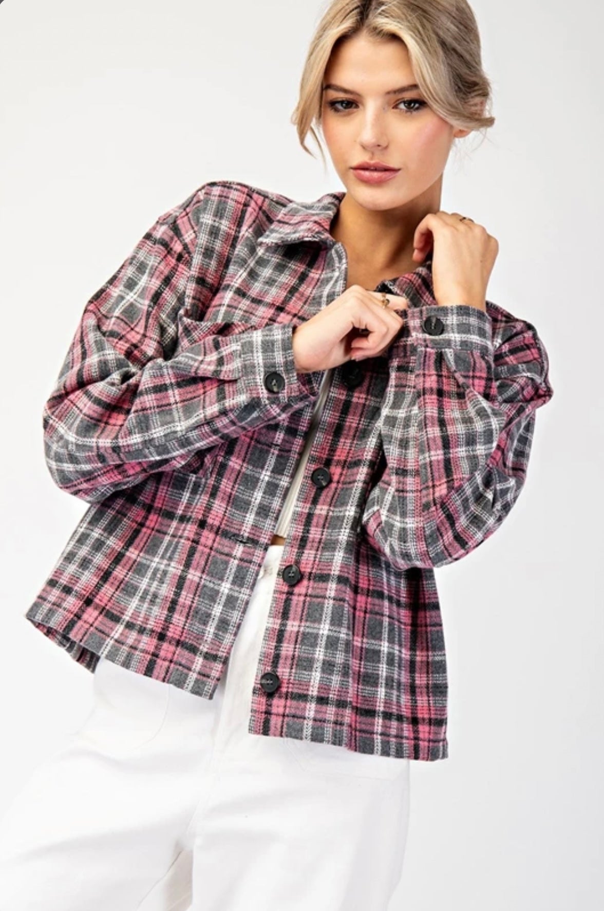 JK9095 MULTI-COLOR PLAID BUTTON DOWN SHACKET