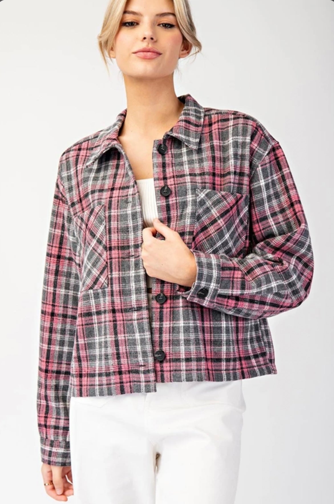 JK9095 MULTI-COLOR PLAID BUTTON DOWN SHACKET