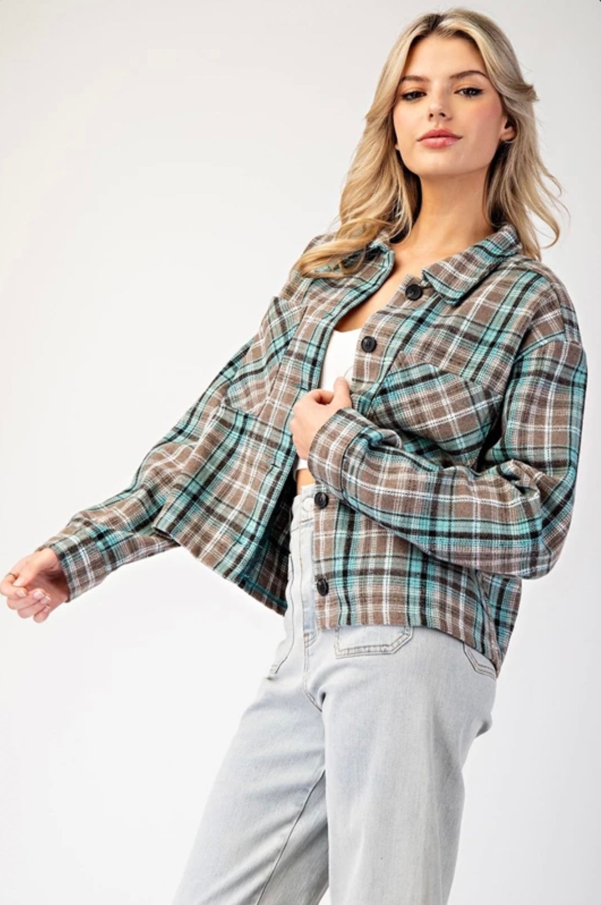 JK9095 MULTI-COLOR PLAID BUTTON DOWN SHACKET