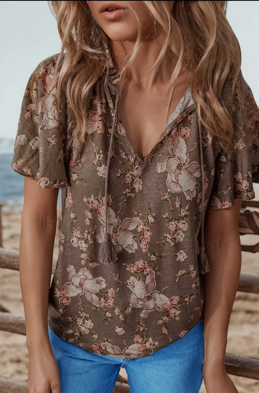 FW25130618-P1620 Retro Floral Print Tassel Tie Split Neck Blouse