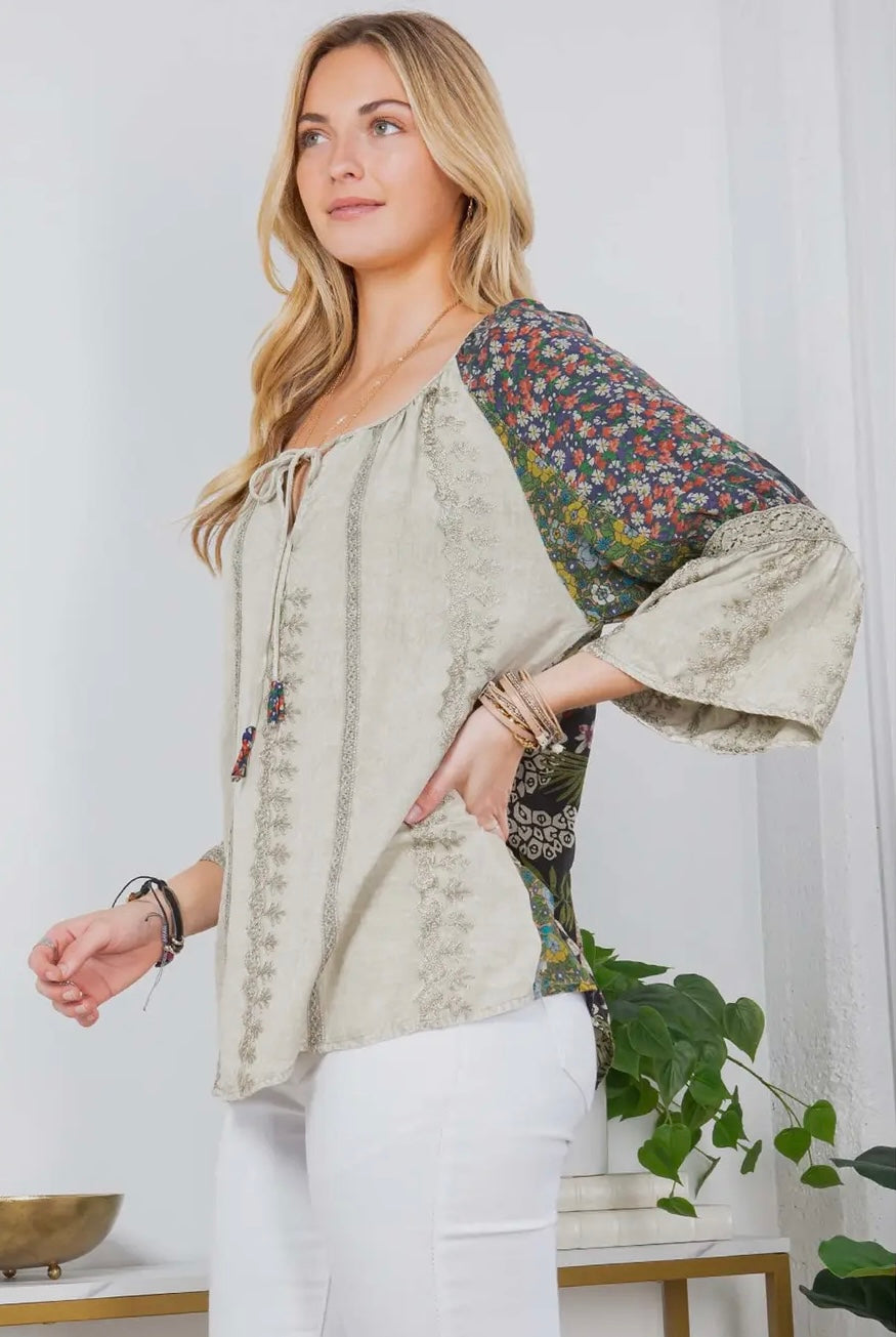 Enchanting Whimsy Overdyed Rayon Peasant Top With Embroidery
