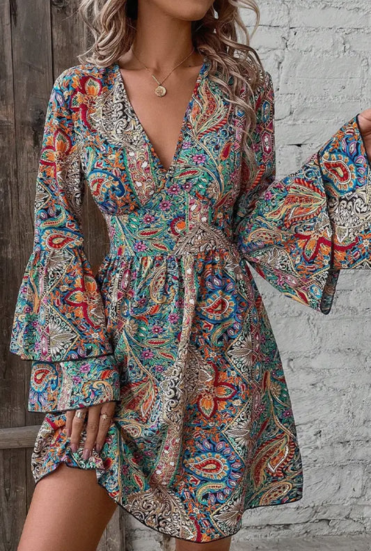 ZK1868 Summer Flare Sleeves V Neck Boho Printed Dress