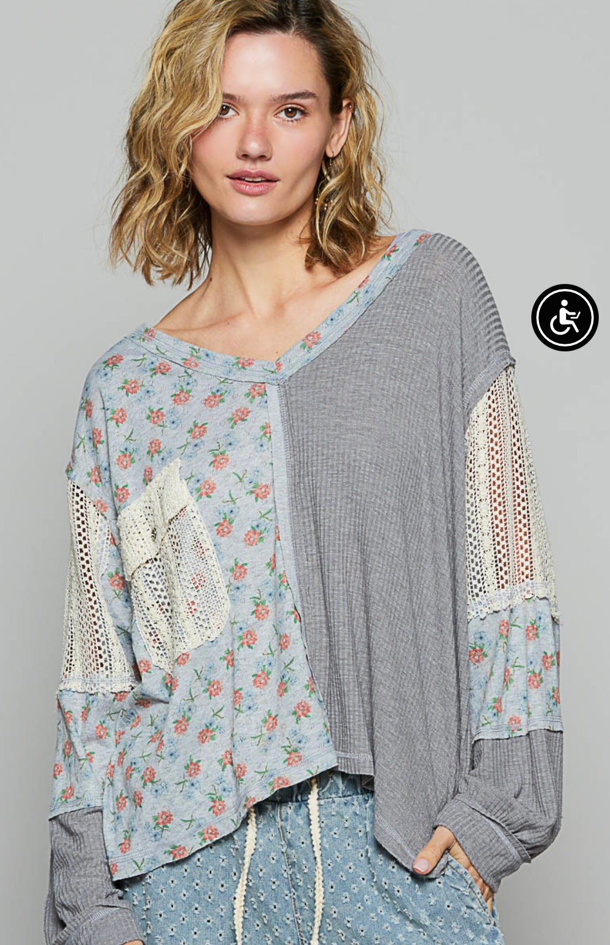 SMT2767 Designed in V-neck long sleeve roomy fit top in ribbed jersey with contrast fabric paneling
