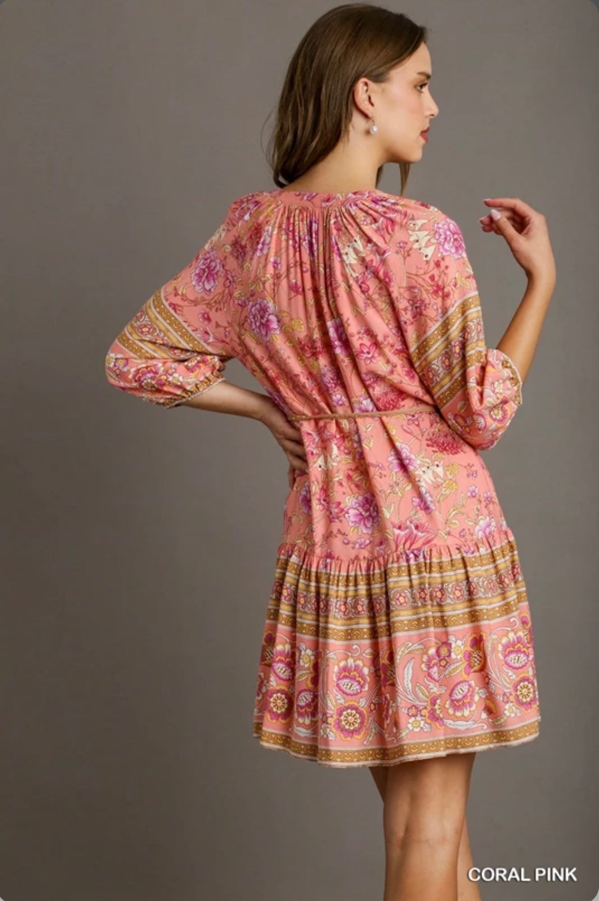 C3703 Border Print Mid Button Down Dress with 3/4 Sleeves, Belt Wait Tassel Tie