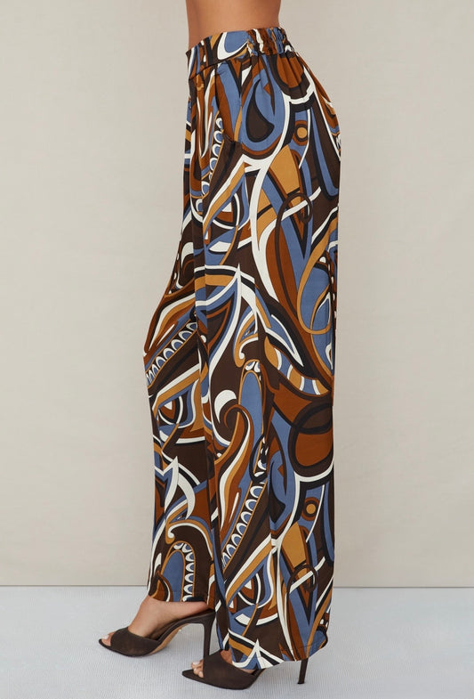 Baroque Abstract Print Elastic Back Waistband Pants with Pockets