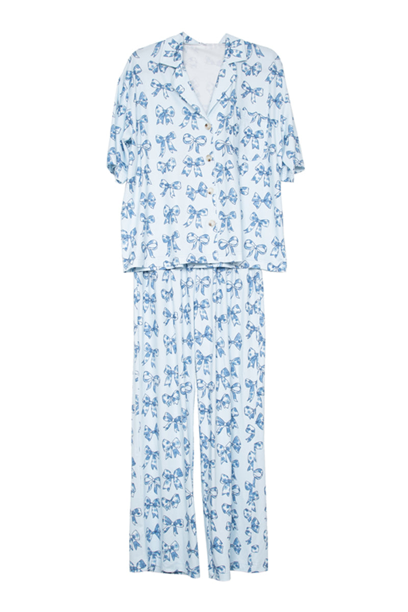 Light Blue Toile Coquette Bows Pajama Pants Set