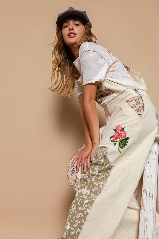 GWP15A POL Almond Denim Floral Patchwork Overalls