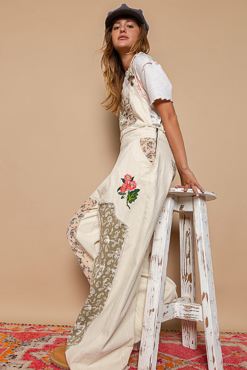 GWP15A POL Almond Denim Floral Patchwork Overalls