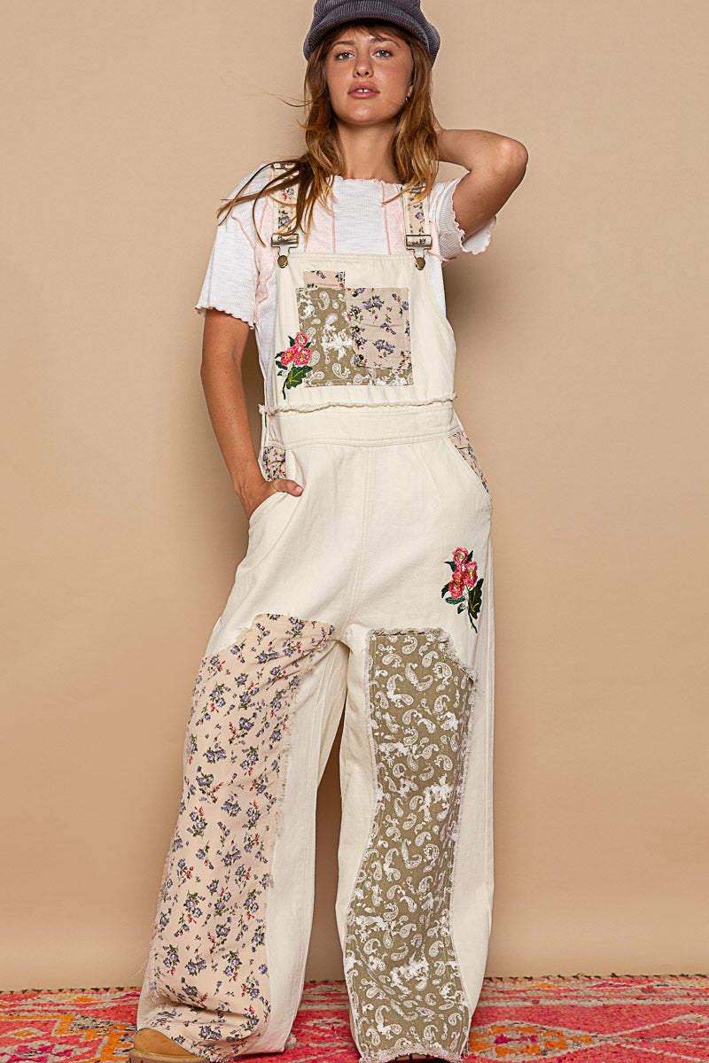 GWP15A POL Almond Denim Floral Patchwork Overalls