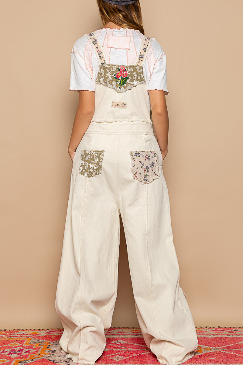 GWP15A POL Almond Denim Floral Patchwork Overalls