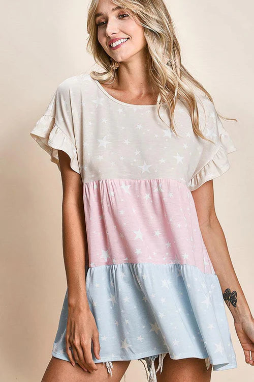 BT2373 Star Printed French Terry Color Block Tiered Top