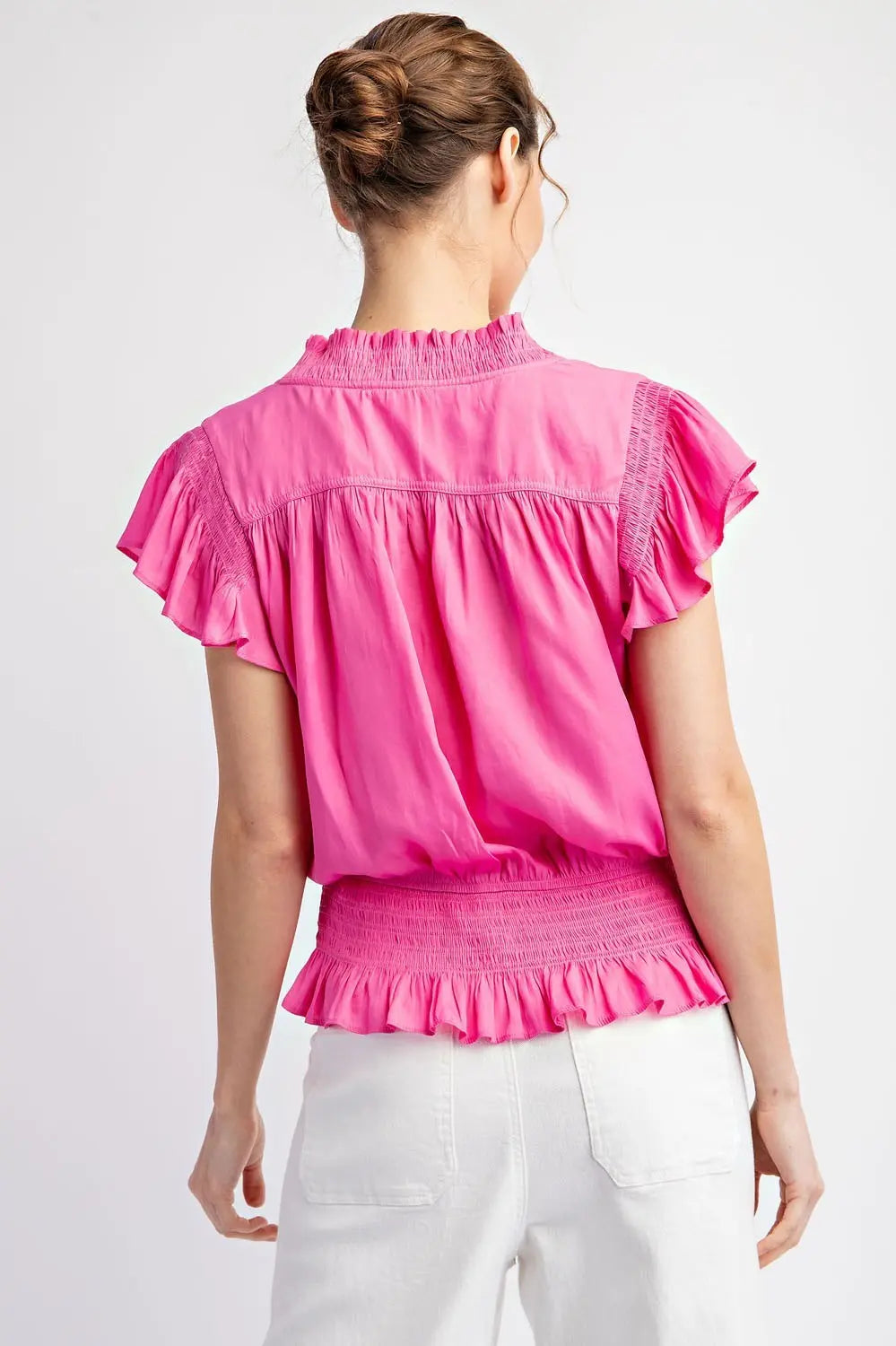 TK9815 SOLID SMOCKED SHORT SLEEVE TOP