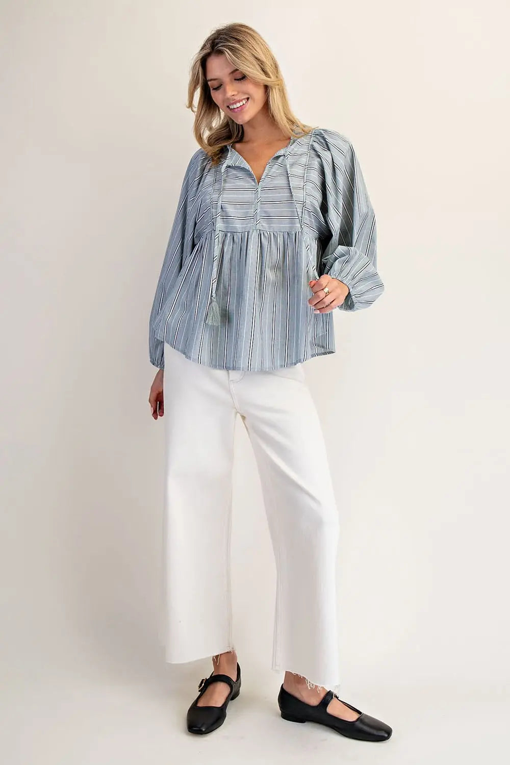 K14577 Striped Tie Front Balloon Sleeve Blouse