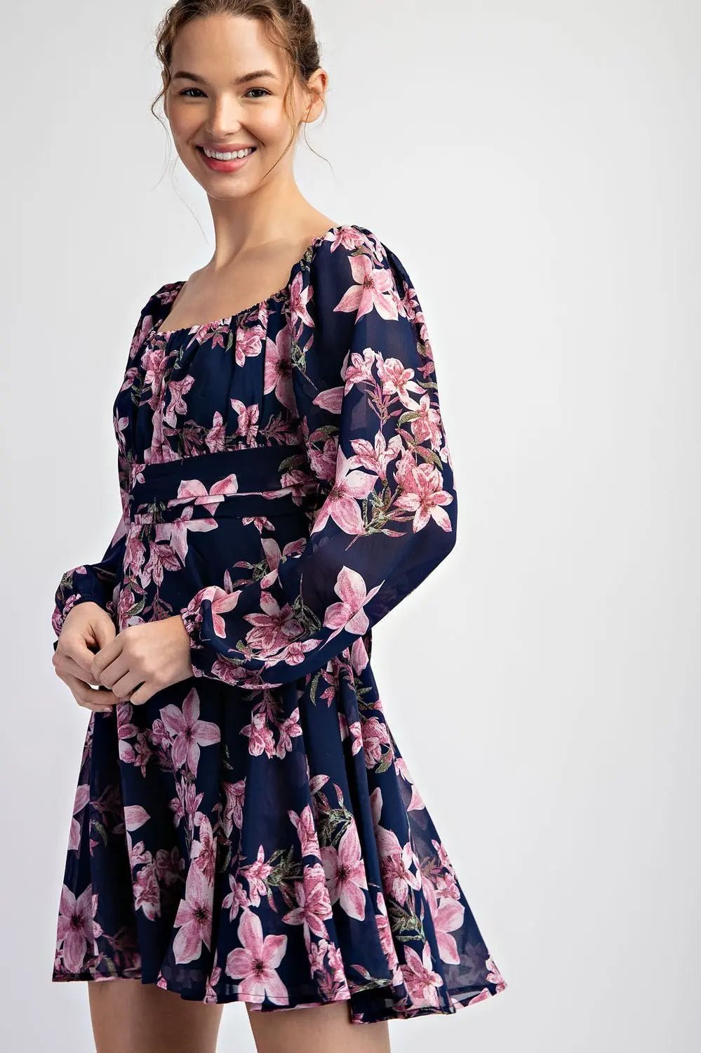 K7872 Floral Open Back Tie Mini Dress
