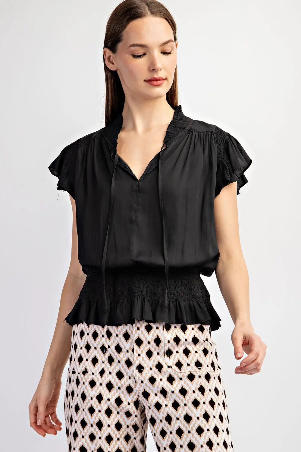 TK9815 SOLID SMOCKED SHORT SLEEVE TOP