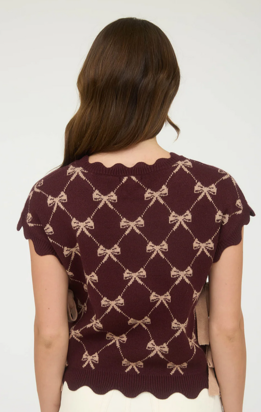 CR2592 BOW PATTERN SHORT SLEEVE SIDE TIE KNIT PULLOVER