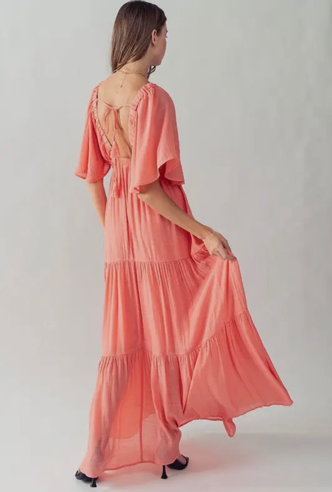 UDHF24E235 Deep V Neck Tiered Maxi Dress-Coral